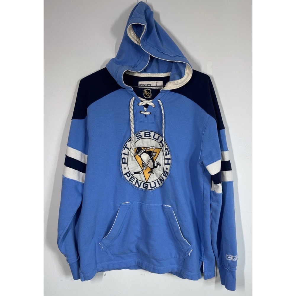 VTG CCM Pittsburgh Penguins Blue Lace-up Hooded Sweatshirt Men's L Hockey Fan